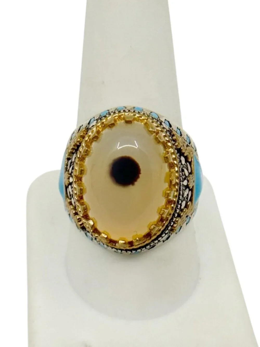 CG Turkish 925 sterling silver & brass Agate enamel Ottoman style ring - GM1244